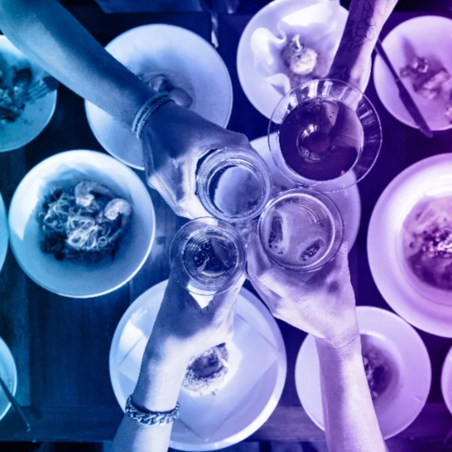 Family enjoying a meal out, in 360 Wellbeing brand colours