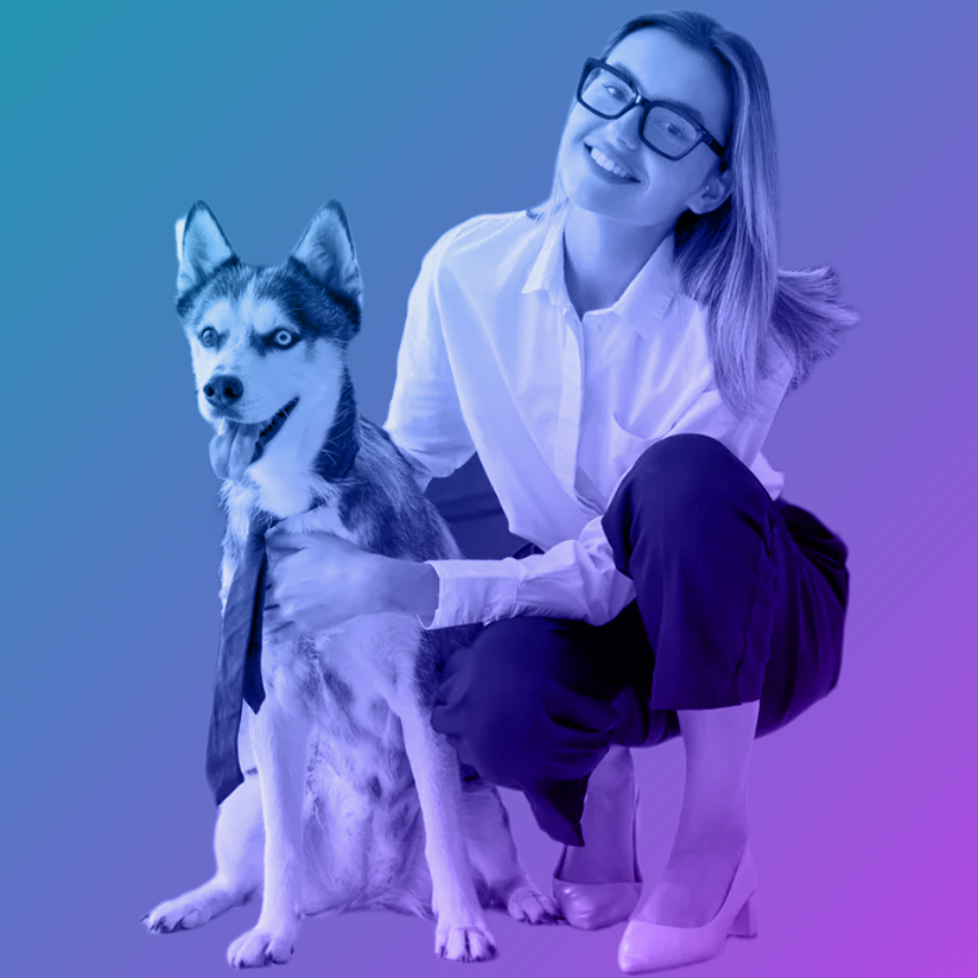 Dog with its owner, in 360 Wellbeing brand colours